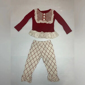 Persnickety Ruffle Red Striped Pant And Red Lou Lou Peplum Top Set SZ 12-24 Mon